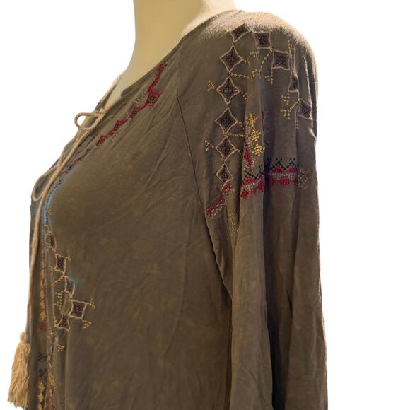 POL Embroidered Boho Tunic Top, Olive Green Peasant Tassel Tie Festival, Small - Picture 5 of 8